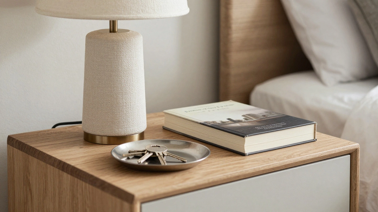 A bedside table styled with a lamp, book, and tray using the 3-5-7 rule.