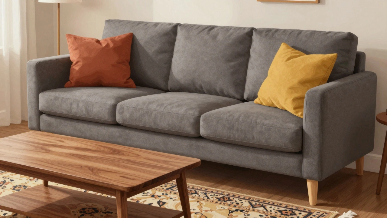 A grey sofa refreshed with terracotta cushions, a patterned rug, and warm wood accents.