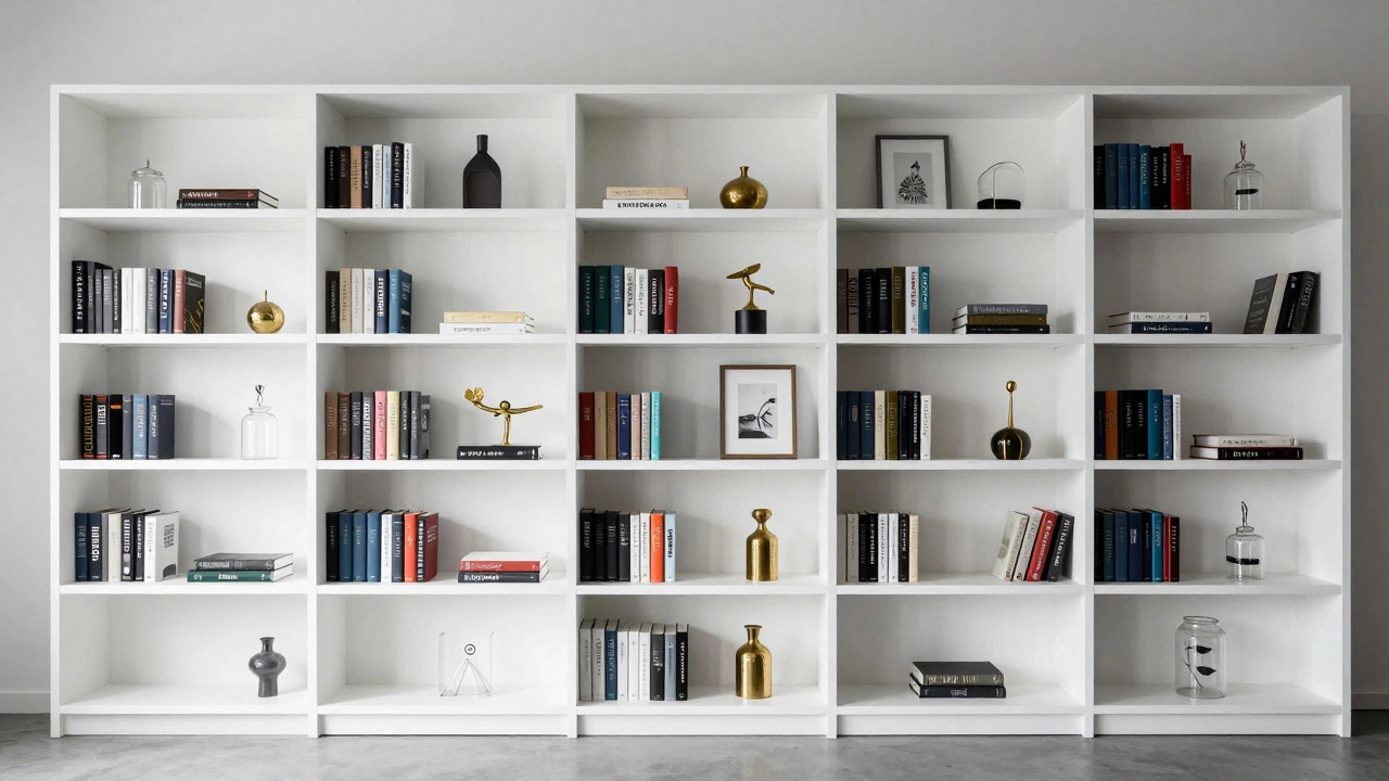 A tall white bookcase arranged with groups of five and seven books and objects.