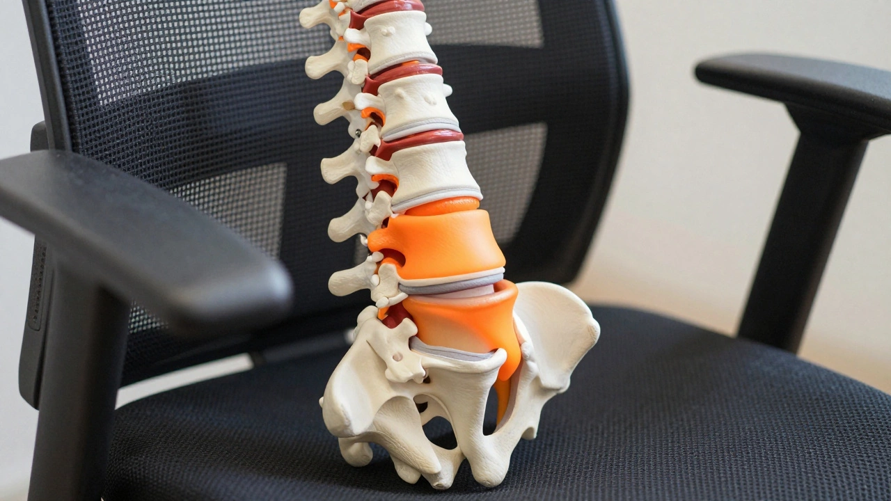 Anatomical view of compressed spinal discs under stress in an office chair