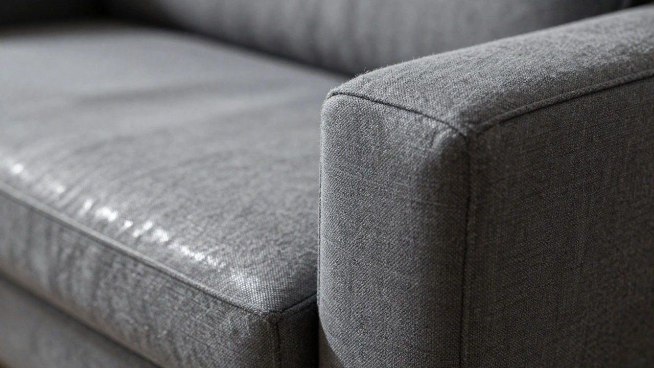 Close-up detail comparing matte textured fabric versus shiny synthetic upholstery on grey sofas.