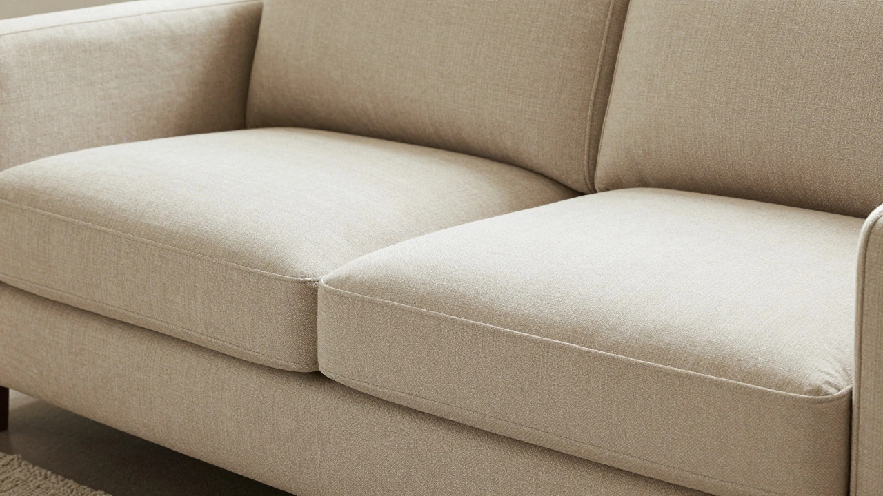 Close-up of a beige sectional sofa's chaise lounge extension