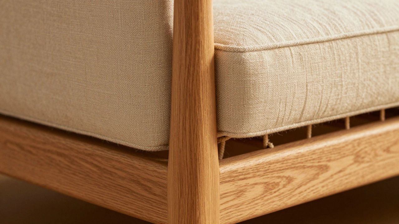 Close-up of solid wood joints and natural fabric textures on a sofa.