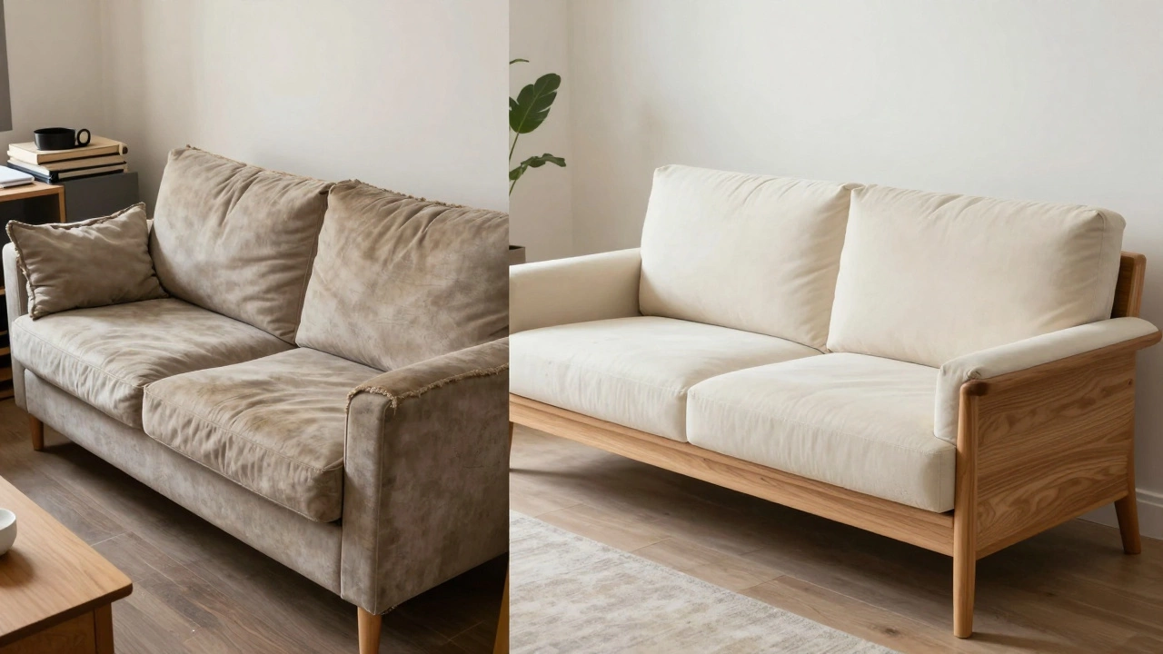 Comparison of a worn budget sofa versus a durable premium sofa.
