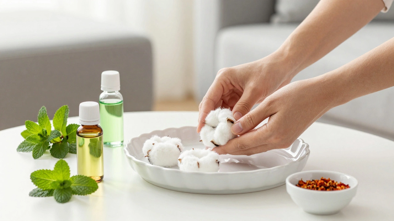 Cotton balls with peppermint oil near furniture repellents