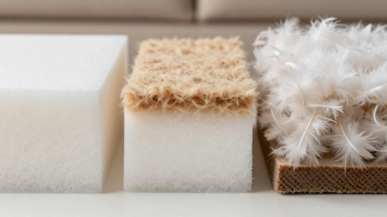 Cross-sections of sofa cushions comparing low-density foam, hybrid layers, and down fill