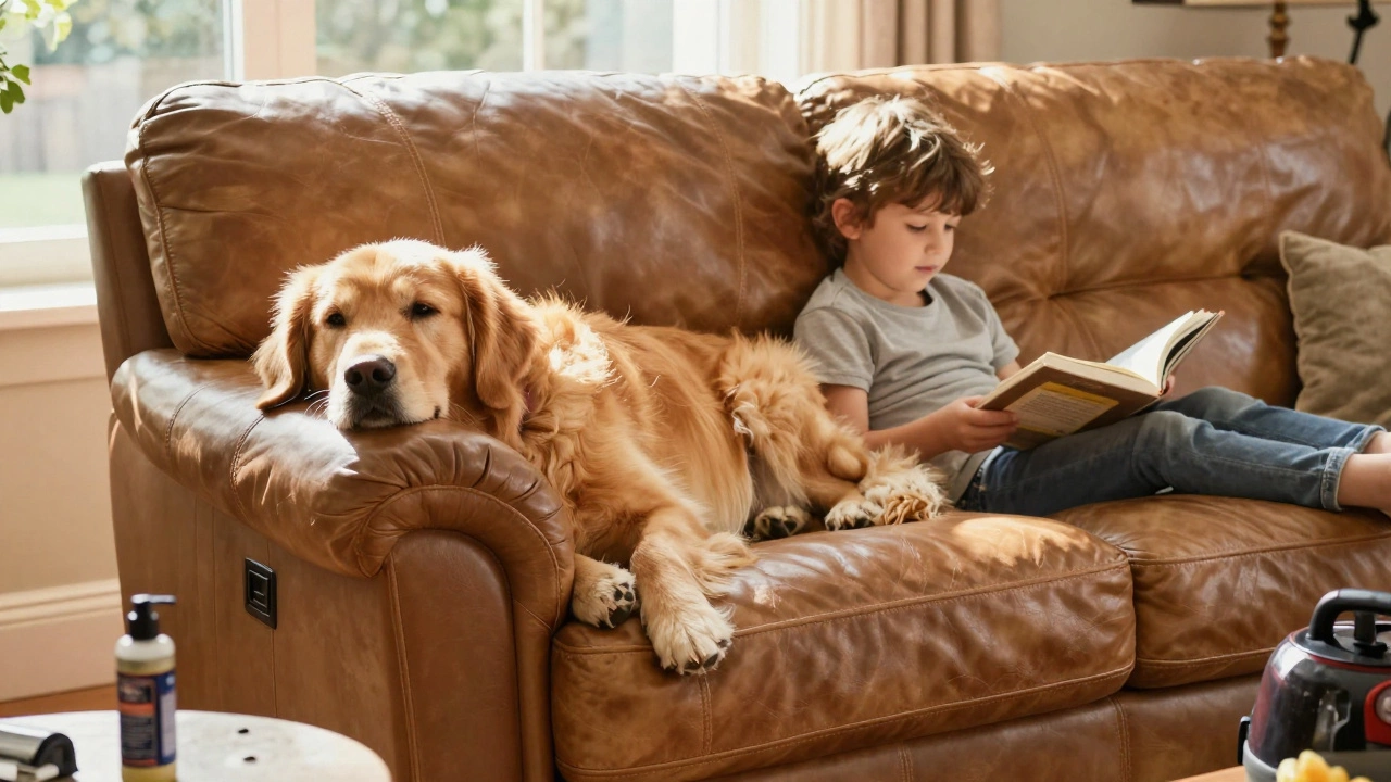 Family and dog relaxing on a premium leather sofa in a sunny living room