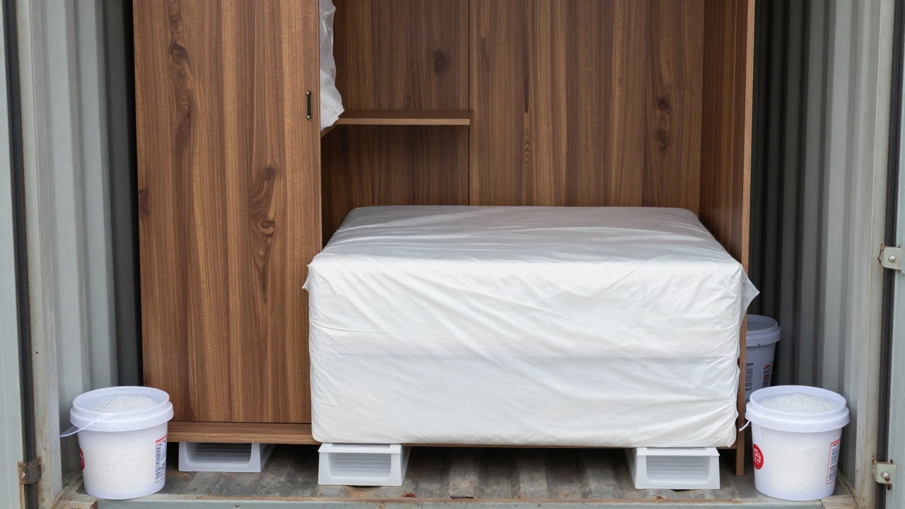 Furniture wrapped in cotton on shelves with silica gel packs inside container