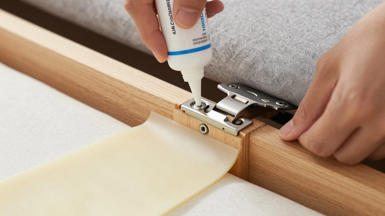 Hands maintaining sofa bed hinges and adding a mattress topper for comfort.
