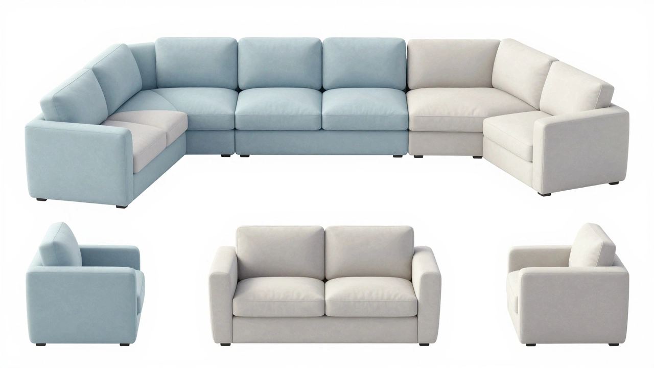 Modular sofa pieces arranged in L, U, and separate shapes