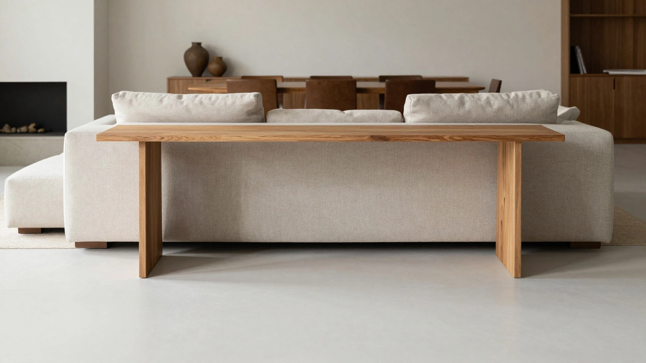 Open-plan room with a console behind the sofa and clear floor space.