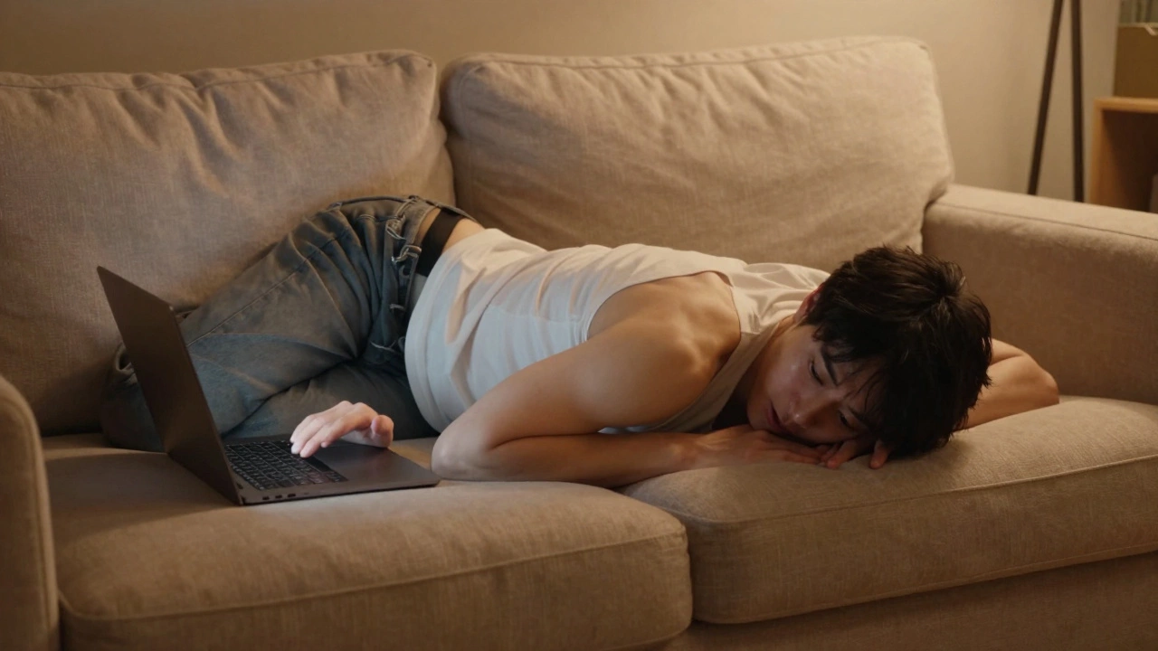 Person sinking into a soft sofa with poor posture