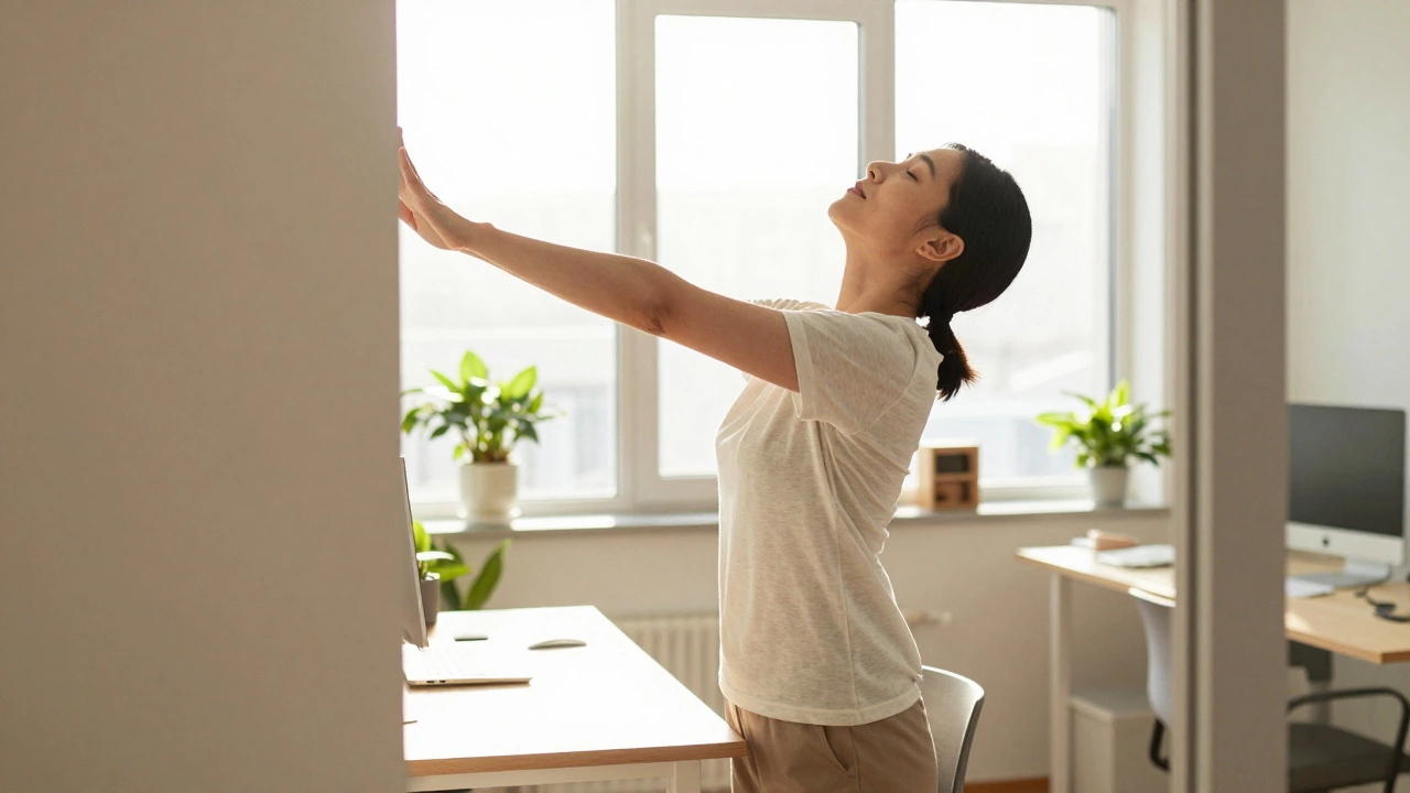 Person stretching shoulders and chest at a standing desk in bright office