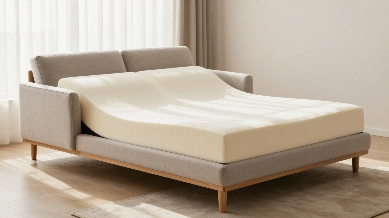 Premium memory foam sofa bed with thick mattress in a bright, modern apartment.