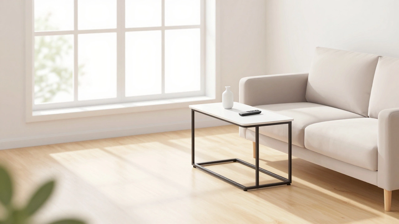 Small apartment with a side-placed table creating a clear walking path.