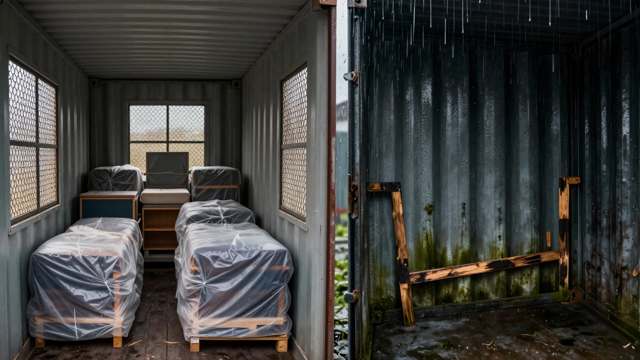 Split view comparing dry safe storage vs damp mouldy container interior
