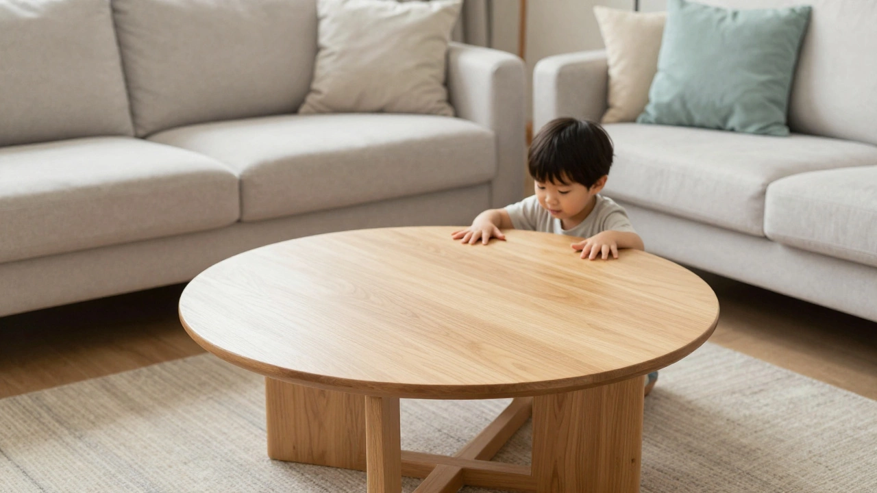 Child playing safely near a corner-free round coffee table in a living room.