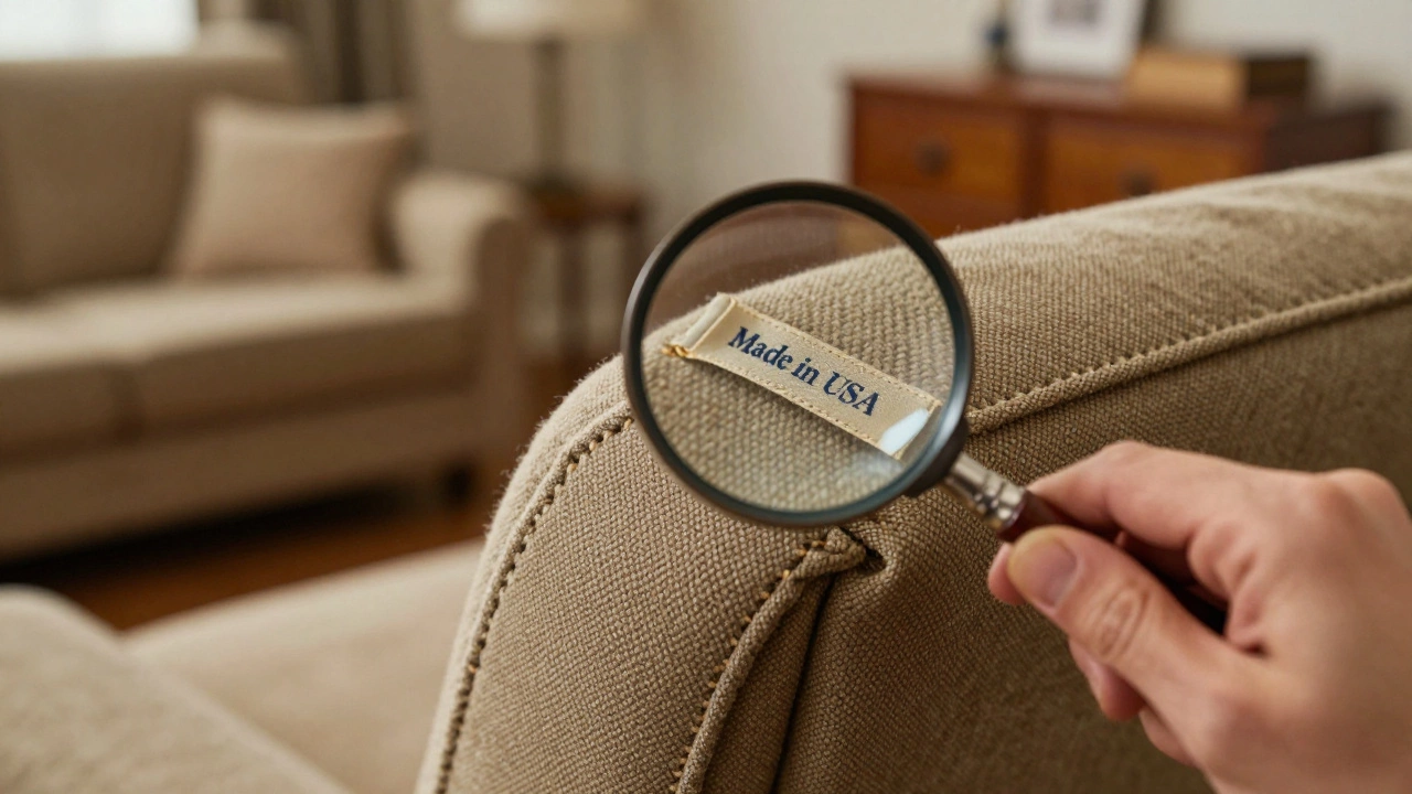 Close up of a hand inspecting a vintage furniture tag with a magnifying glass