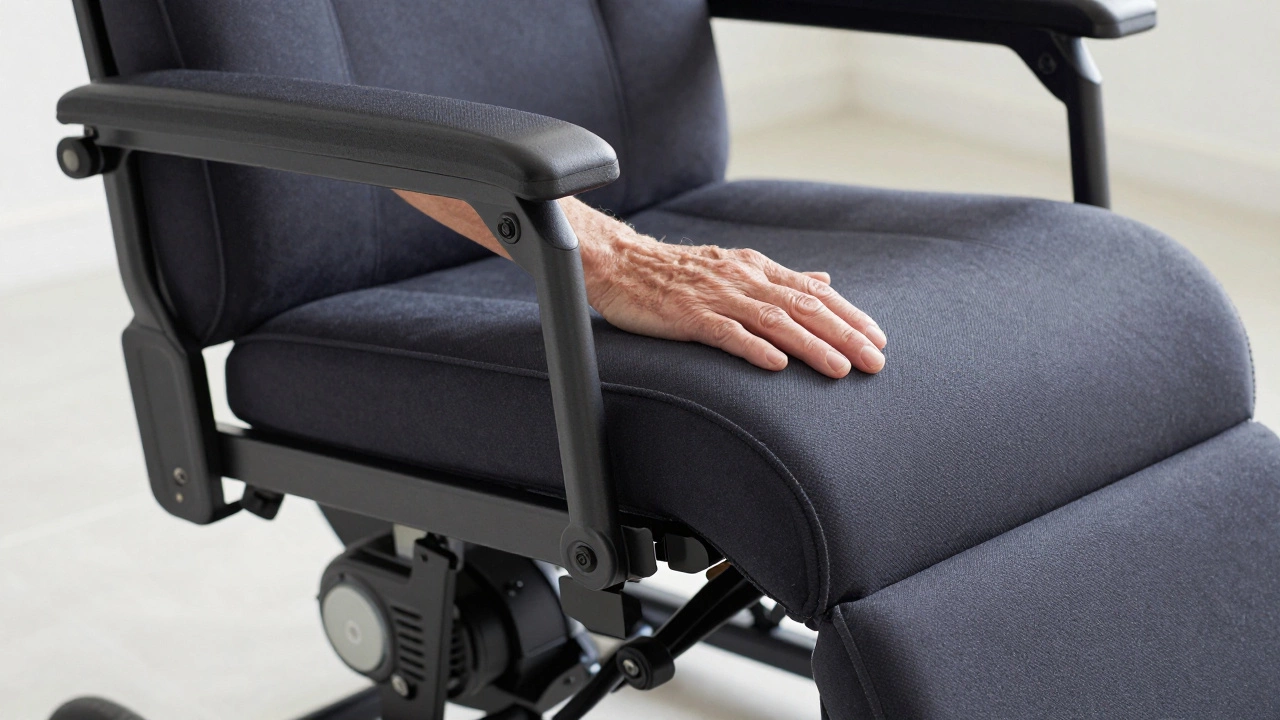 Close-up of a power-lift recliner showing sturdy armrests and supportive seat design.