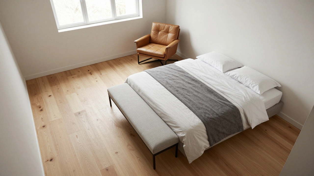 Compact bedroom featuring a slim bench and accent chair for efficient space usage.