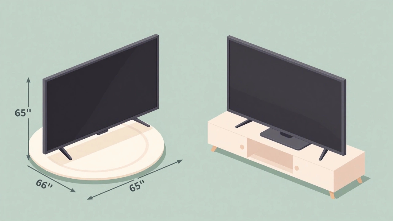 Comparison of a TV on a narrow stand versus a properly sized wider stand.