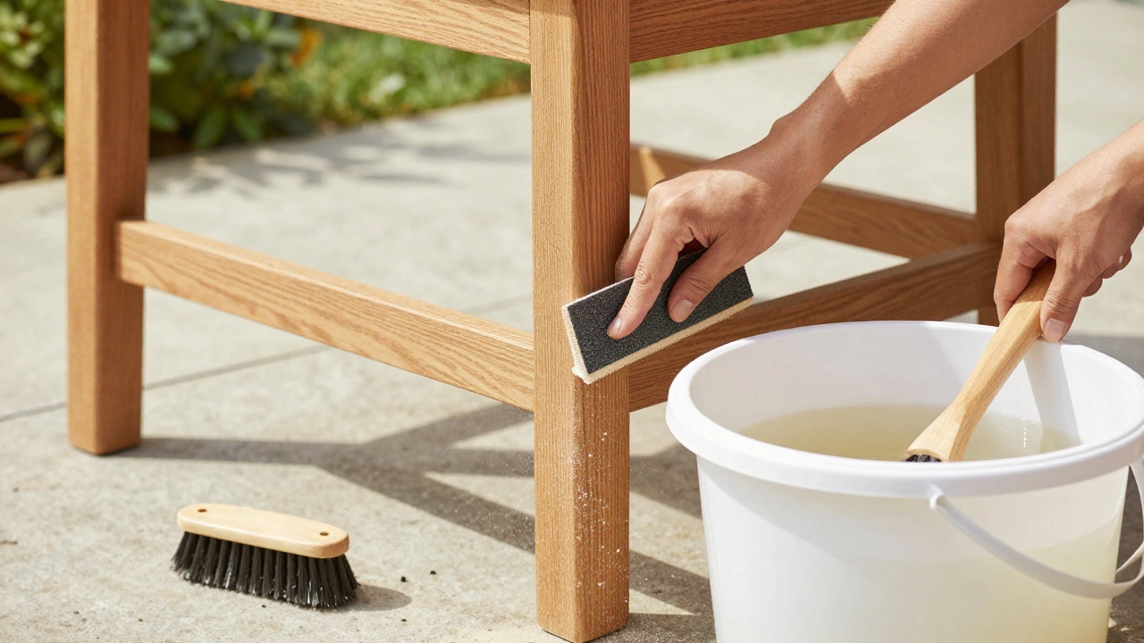 Hands sanding wooden furniture leg on patio with cleaning supplies nearby