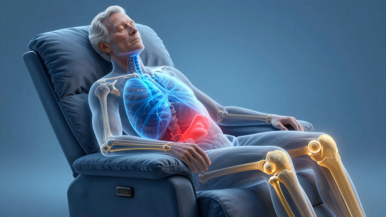 Illustration showing open airways and reduced acid reflux while sitting in a reclined position.