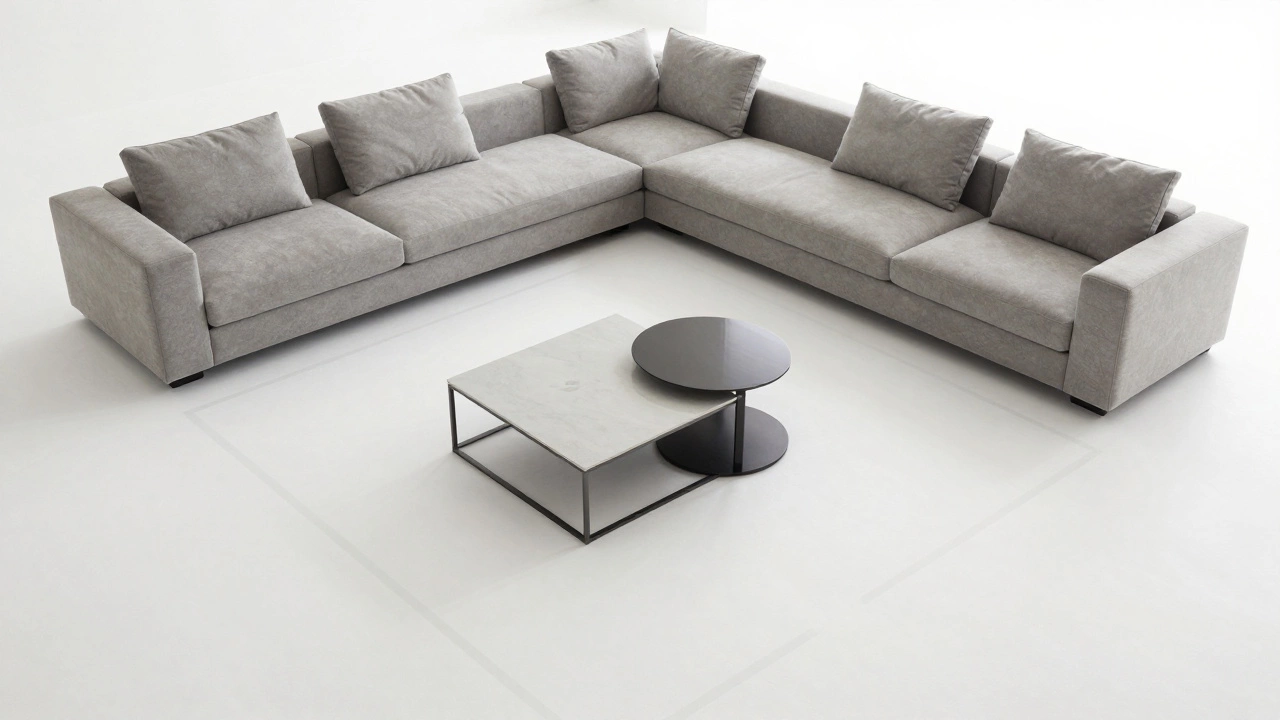 Living room layout with sectional and nesting tables
