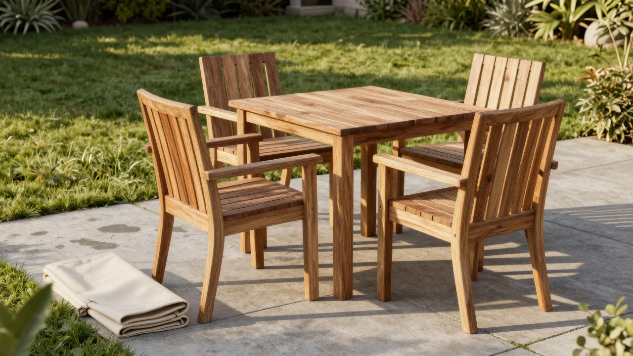Maintained stained wooden garden furniture on pavers in sunny garden