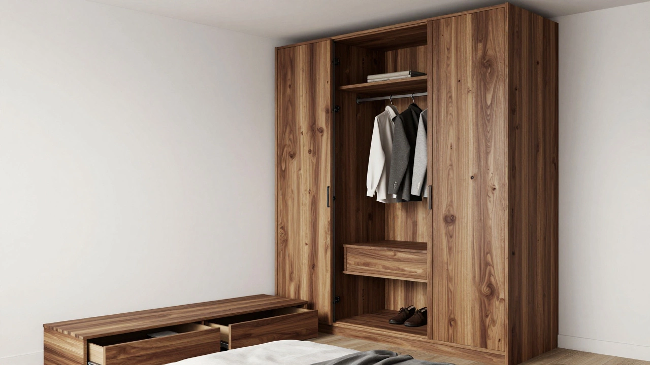 Minimalist bedroom with tall wardrobe and under-bed storage