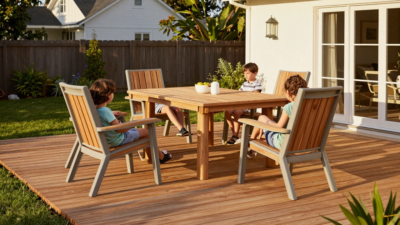 Modern patio with long-lasting recycled plastic furniture and decking.
