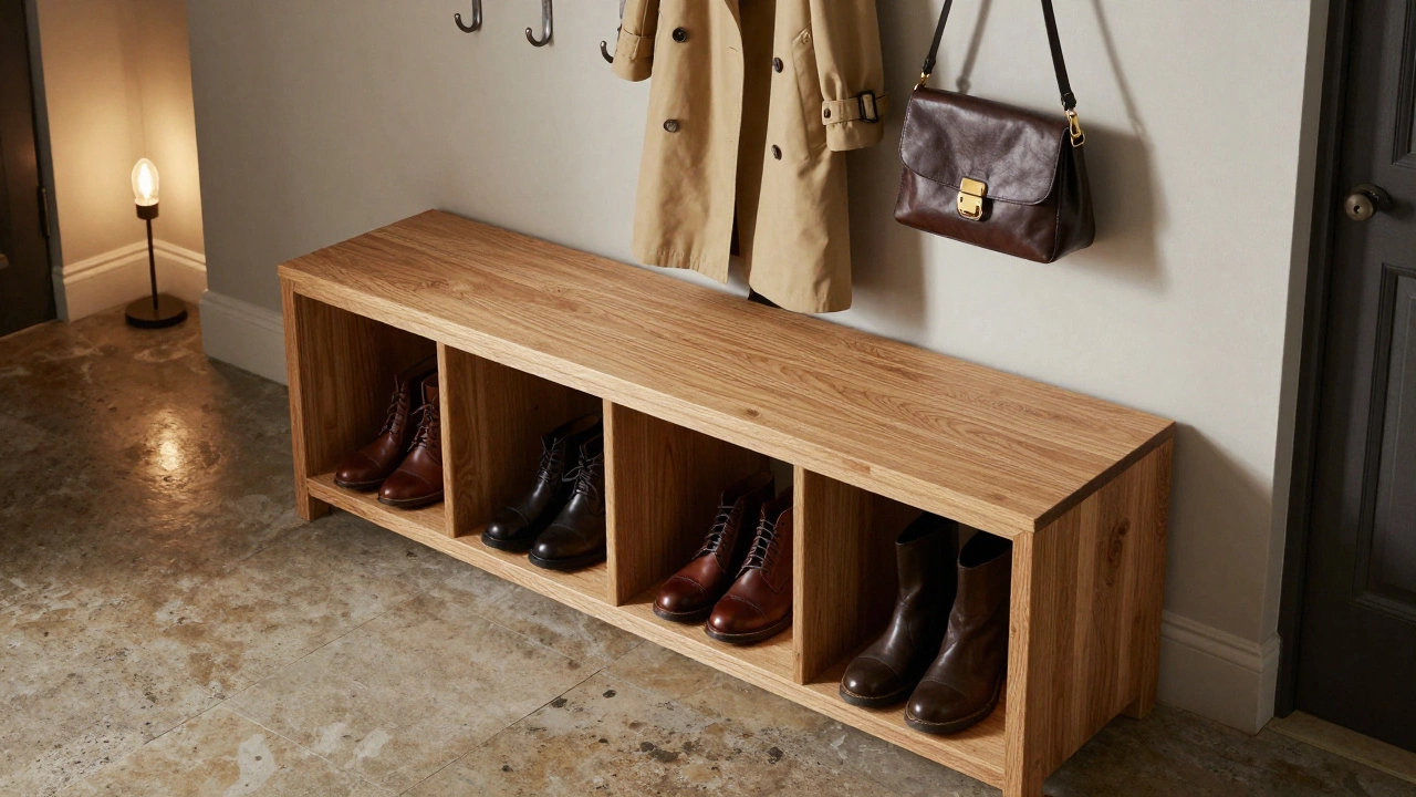 Organized entryway bench with shoes stored in cubbies below