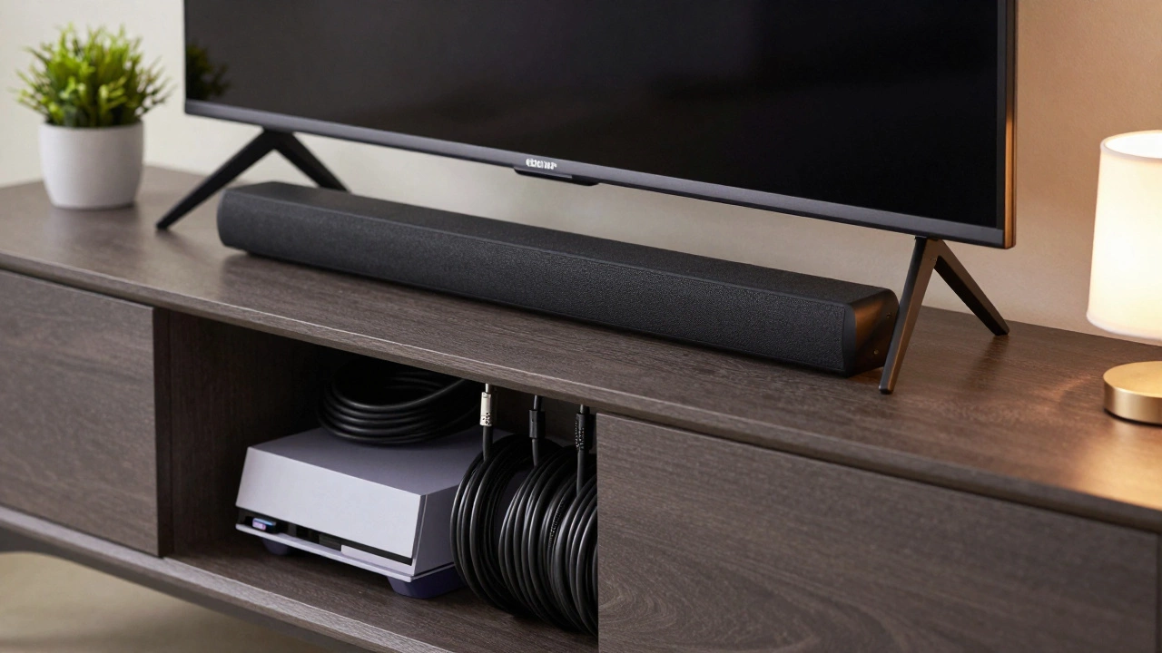 Organized media cabinet with hidden cables and decor under a large TV.