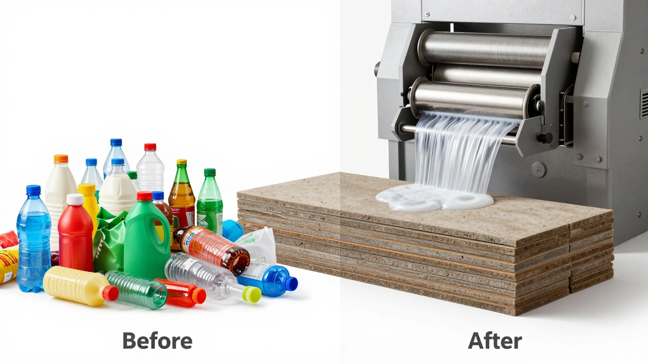 Plastic waste transforming into sturdy recycled lumber boards.
