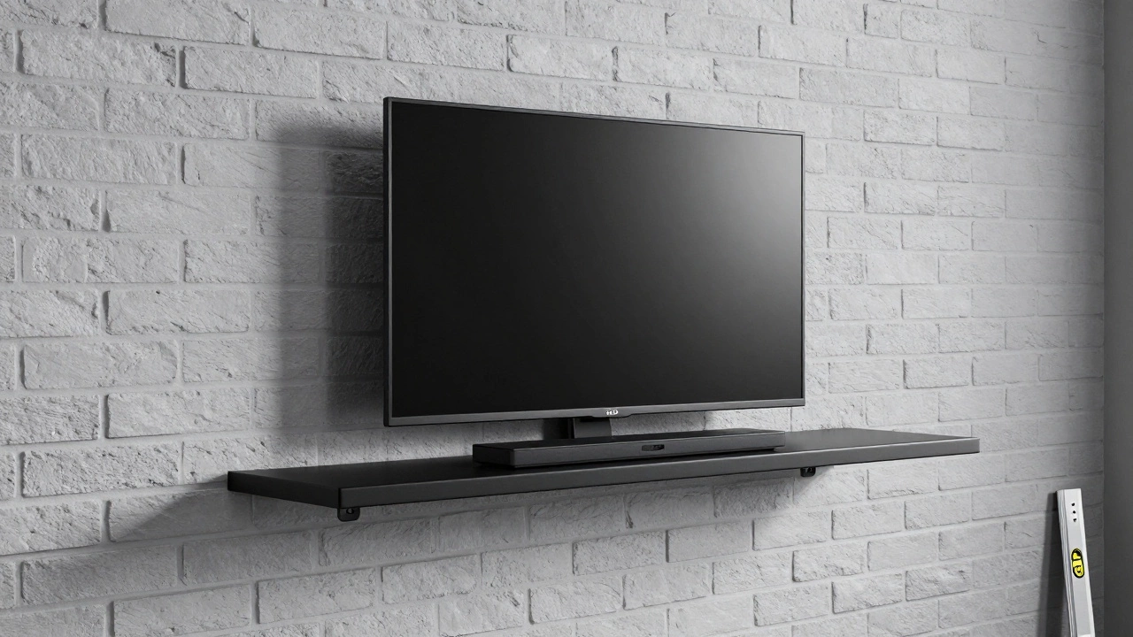 Small TV and soundbar on a sleek black floating shelf against a brick wall