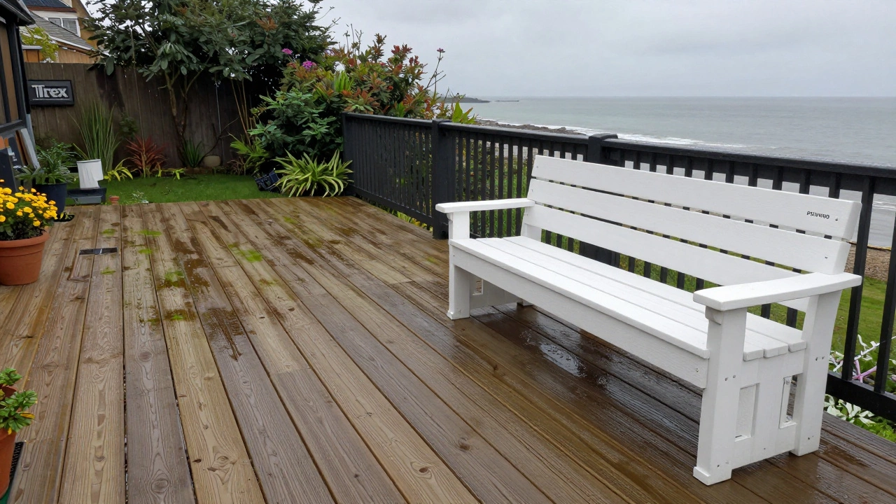 Split view showing algae on Trex deck vs clean, waterproof POLYWOOD bench in rain