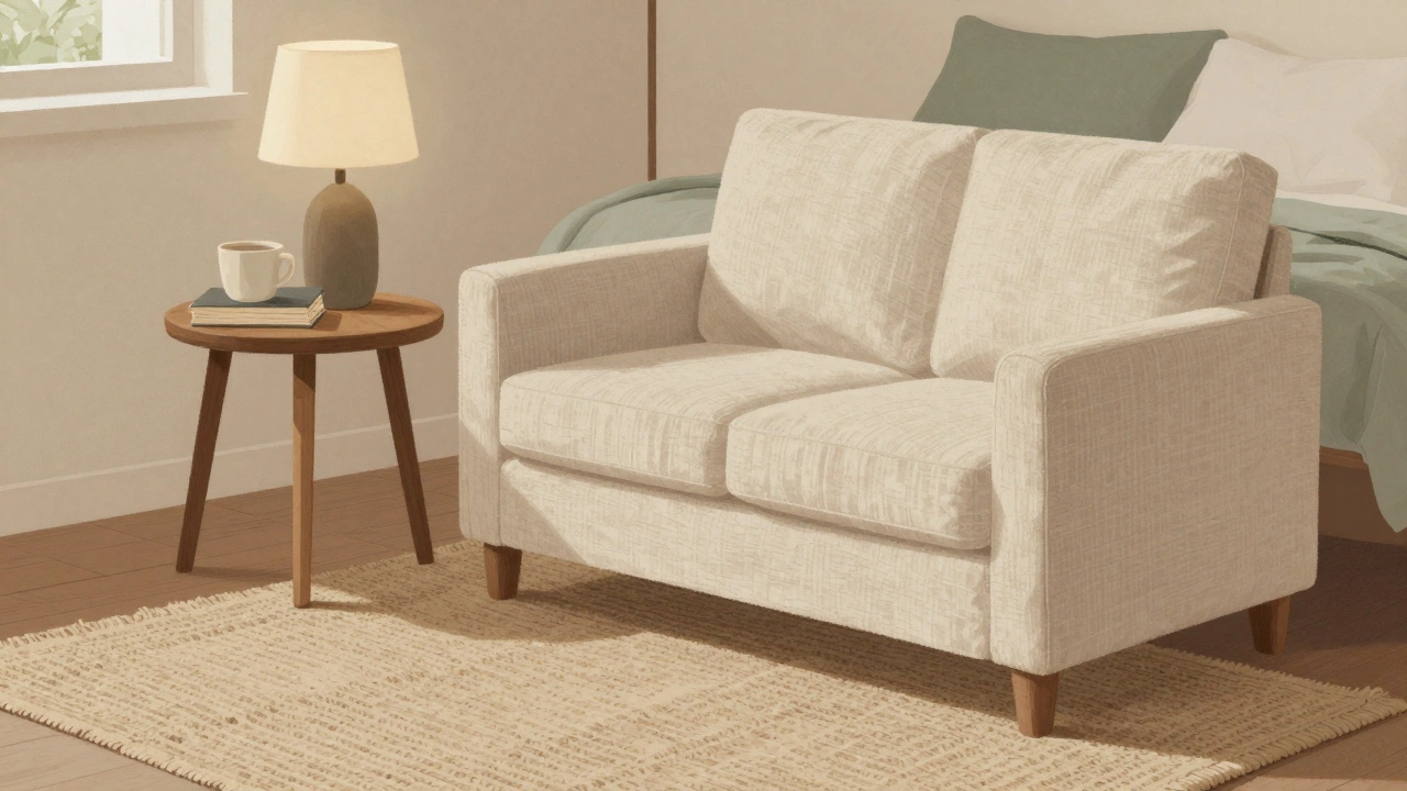 Styled bedroom corner with a linen couch, rug, and side table in warm earth tones.