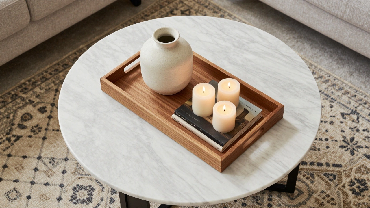 Stylishly arranged round coffee table with tray and decor items overhead view.