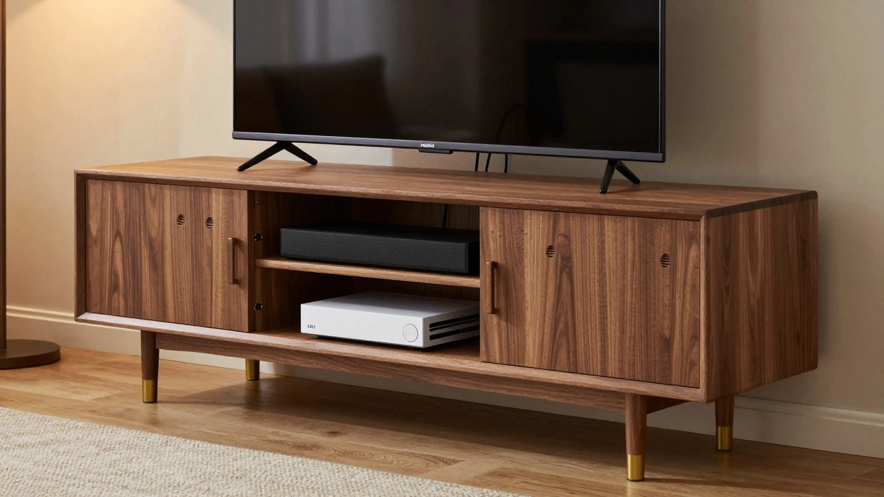 Walnut media console holding a TV with neatly hidden cables and electronics