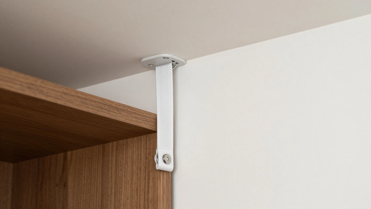 Bookcase secured with hidden cord cover strap