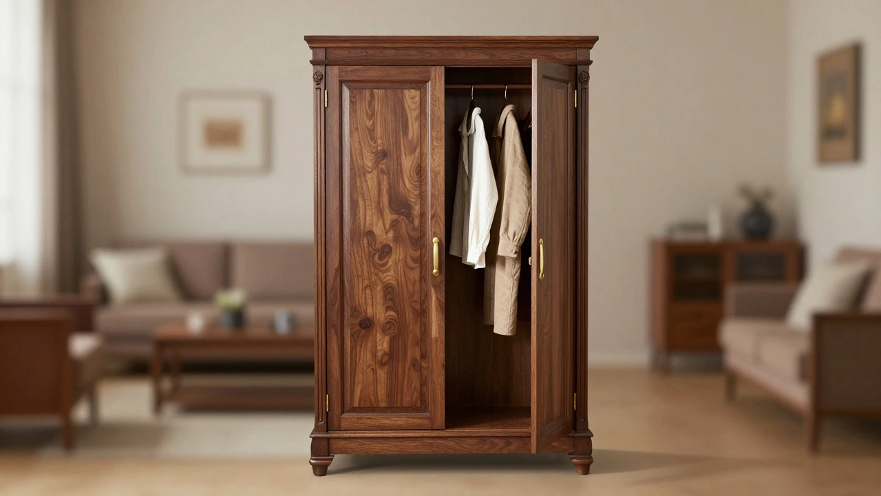 Close-up of a traditional wooden armoire with open doors