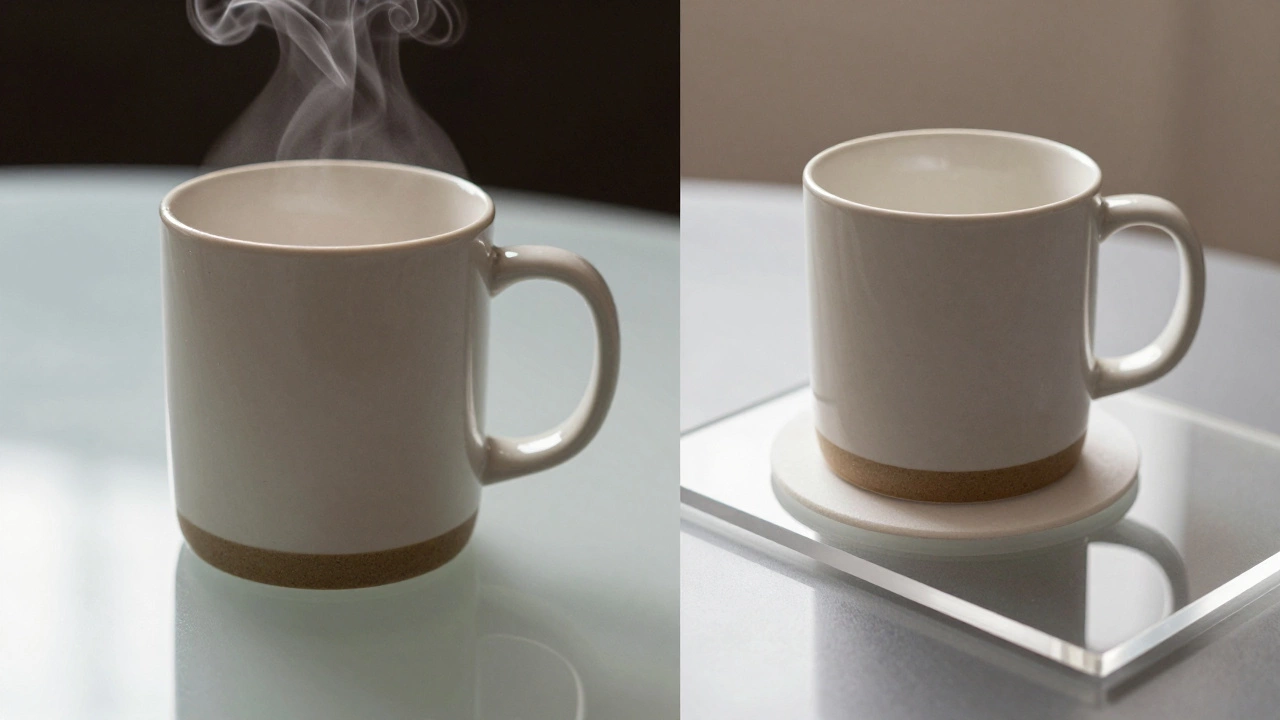 Close-up of hot mug on glass vs coaster on acrylic table showing heat resistance differences.