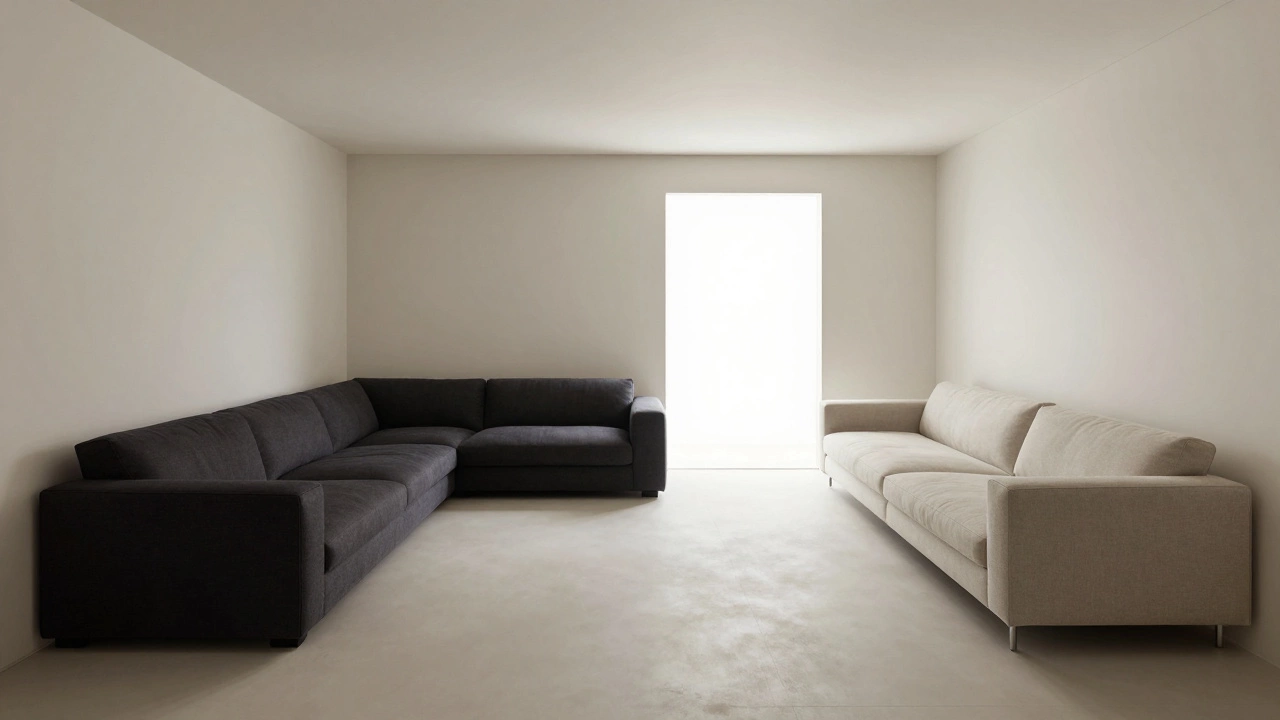 Comparison of cramped vs open layout showing sofa floated away from wall for space.