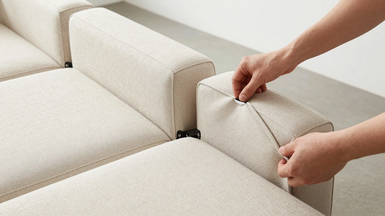 Hands assembling modular sofa sections with connectors in a bright minimalist studio.