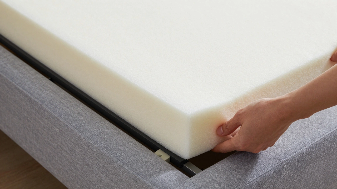 Hands installing thick memory foam topper on sofa bed frame