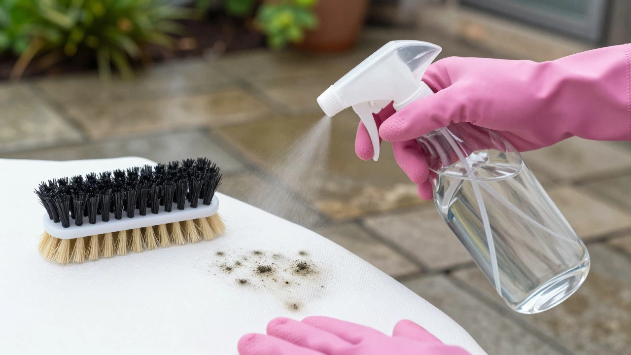 Hands spraying vinegar solution on moldy outdoor cushion