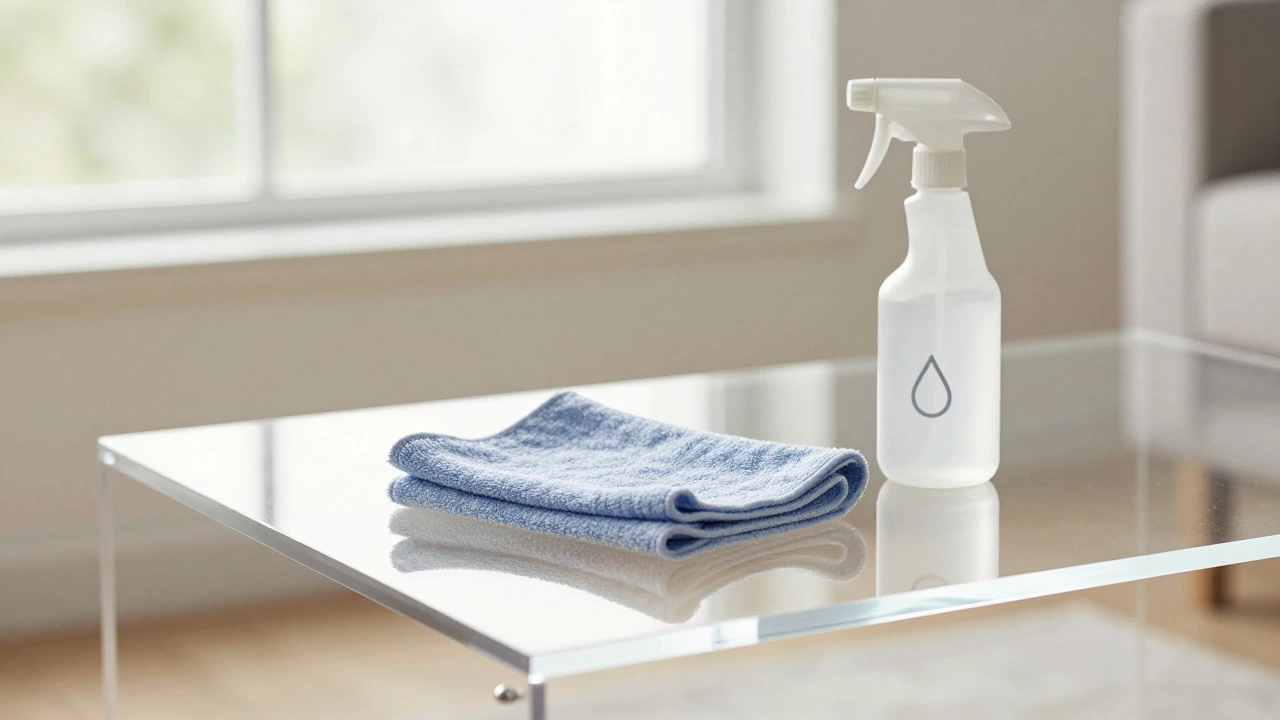 Microfiber cloth on an acrylic table for gentle cleaning