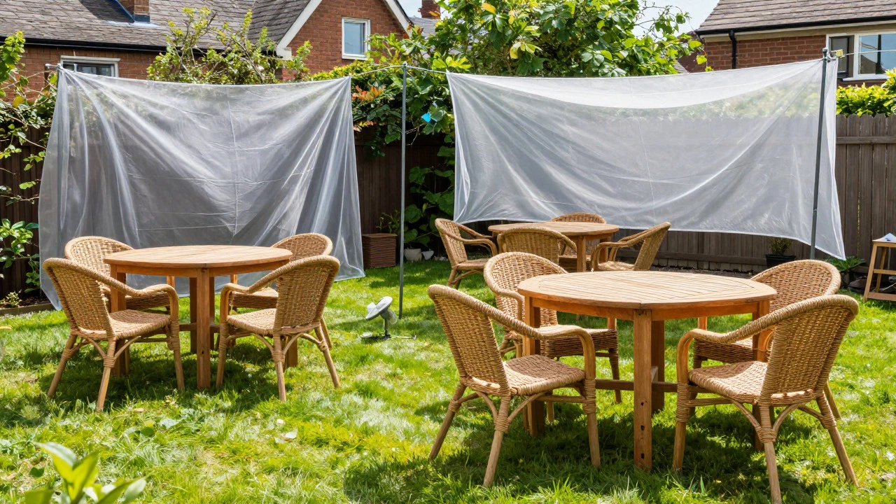 Outdoor furniture drying in sun with breathable covers