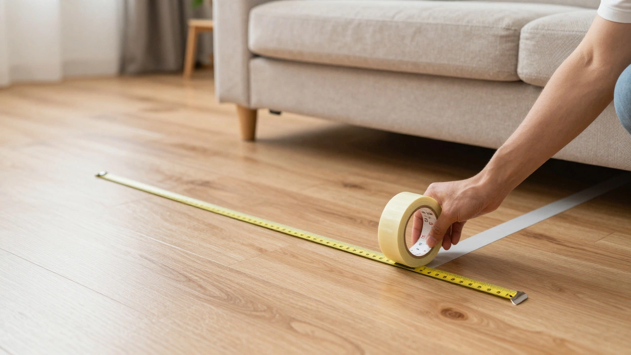 Painter's tape outlining sofa dimensions on floor for accurate room planning.