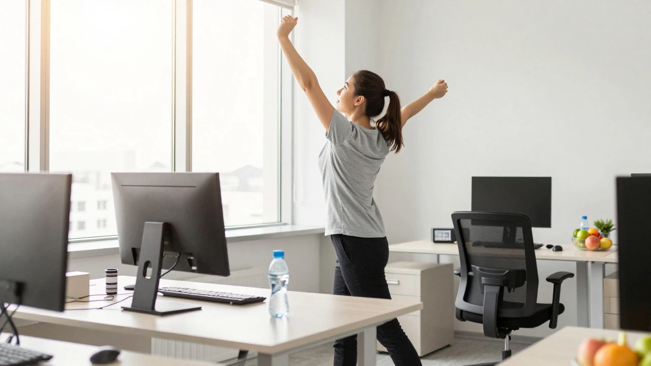 Person standing up from desk to stretch and move during work